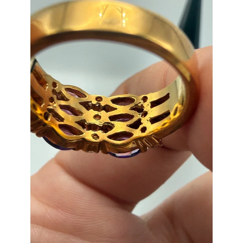 Purple Marquise Crystal Triple Row Gold Tone Statement Ring Size 7.25